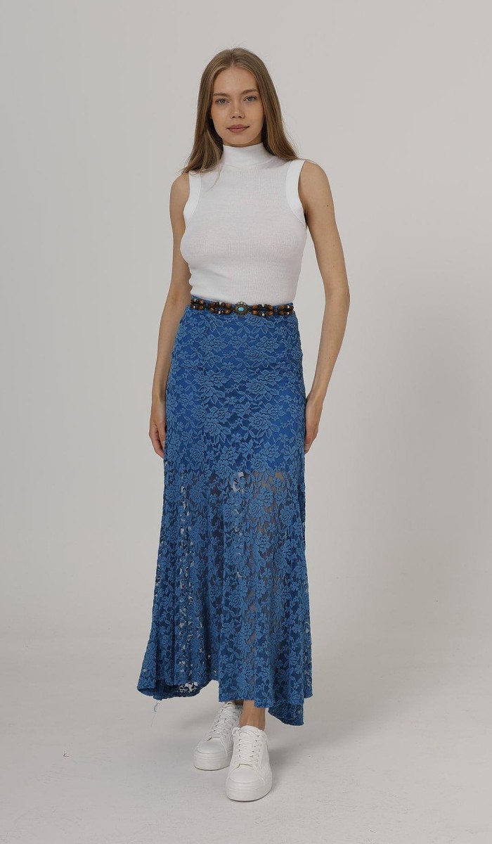 Bel Lastikli Dantel Etek - Mavi STD