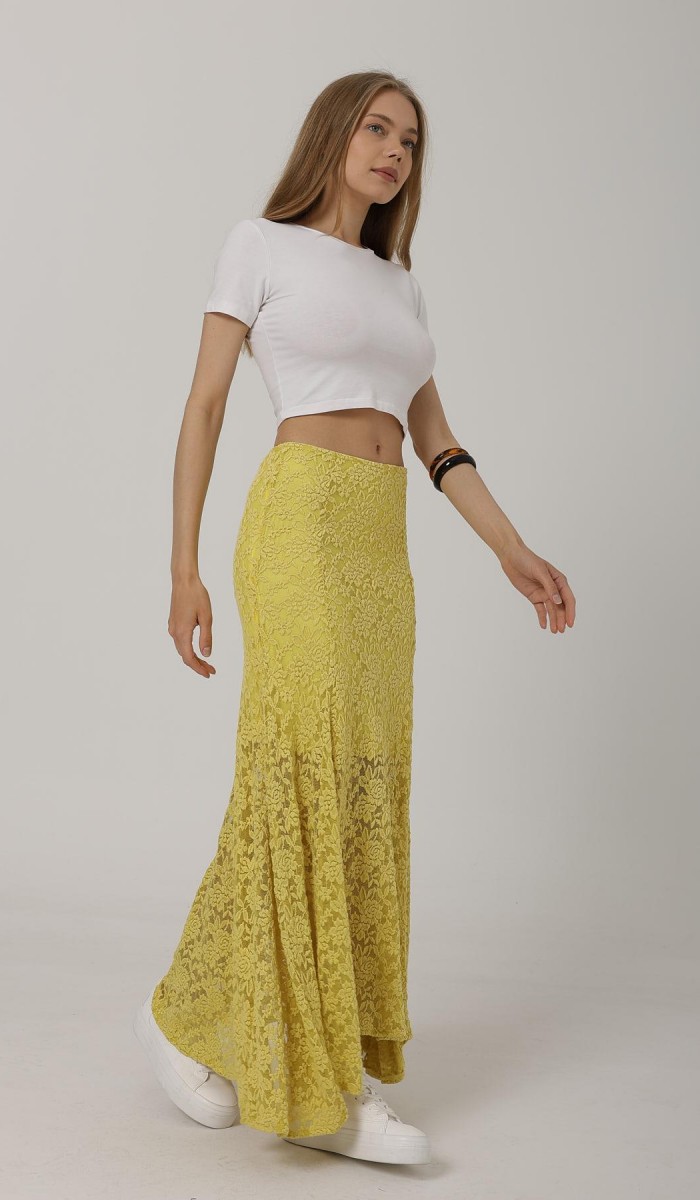 Bel Lastikli Dantel Etek - Sarı STD
