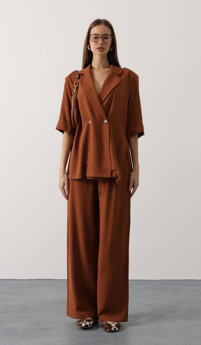 Beli Dantel Detaylı Keten Pantolon - Kahve STD Beli Dantel Detaylı Keten Pantolon - Kahve STD