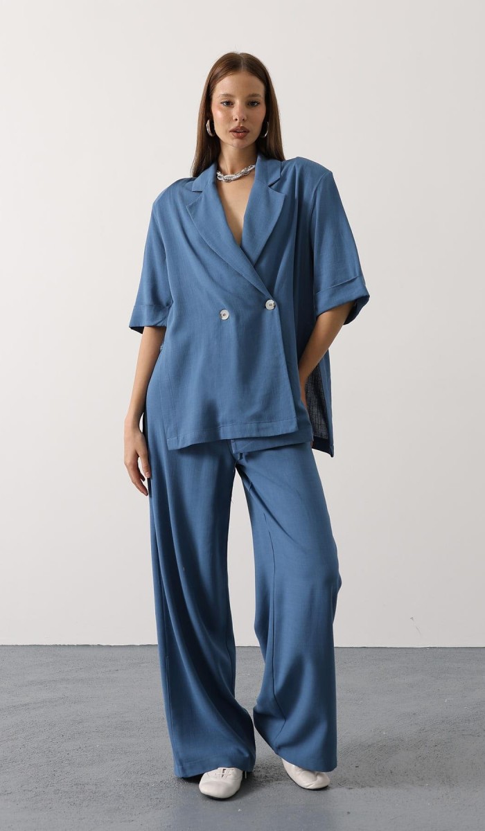 Beli Dantel Detaylı Keten Pantolon - İndigo STD Beli Dantel Detaylı Keten Pantolon - İndigo STD