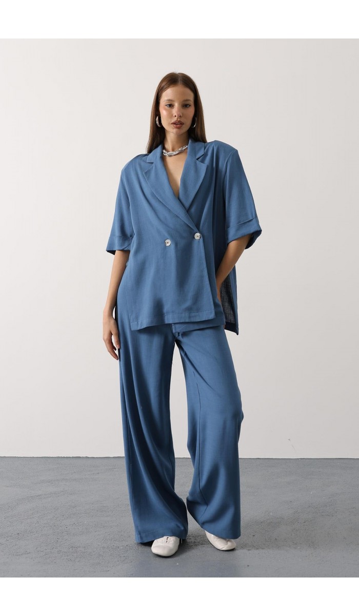 Beli Dantel Detaylı Keten Pantolon - İndigo STD