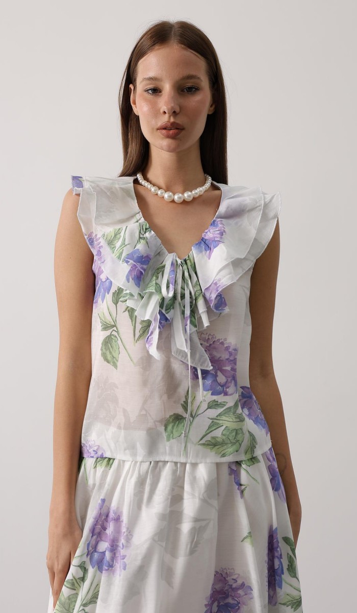 ÇİÇEK DESEN YAKASI FIRFIRLI BLUZ - Lila STD ÇİÇEK DESEN YAKASI FIRFIRLI BLUZ - Lila STD