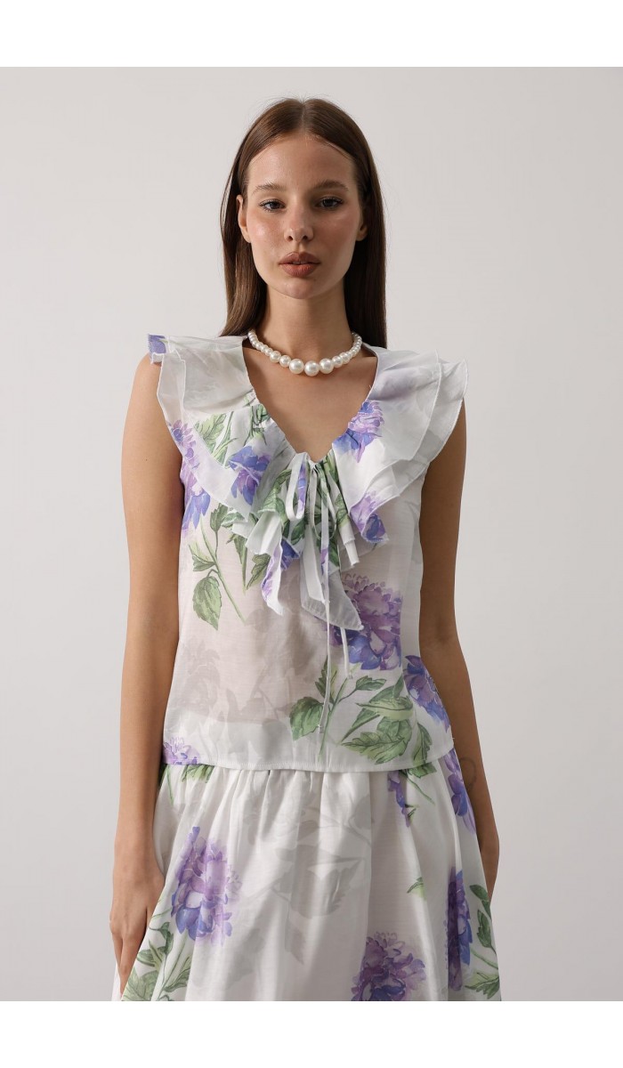 ÇİÇEK DESEN YAKASI FIRFIRLI BLUZ - Lila STD