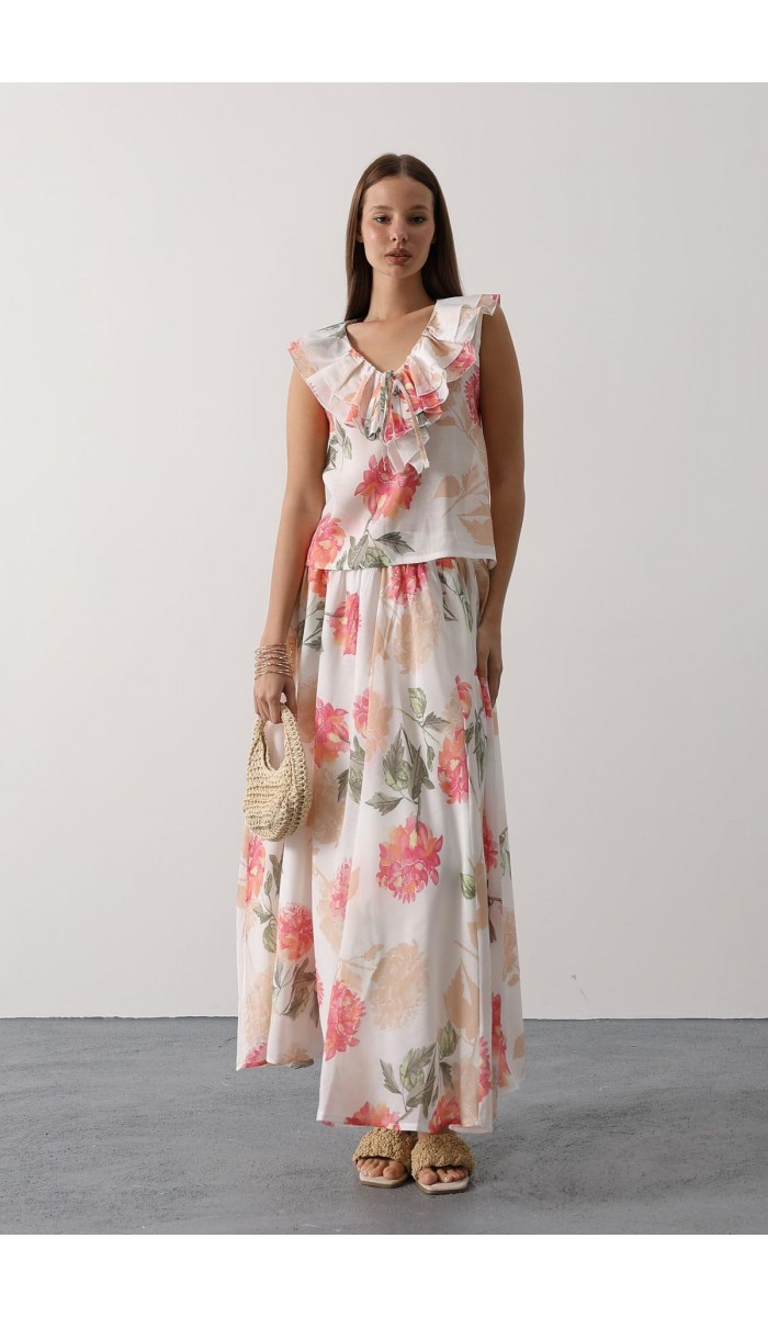 ÇİÇEK DESEN YAKASI FIRFIRLI BLUZ - Pembe STD