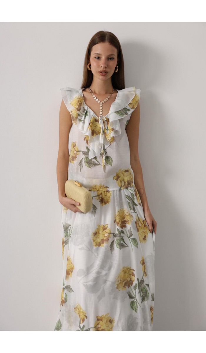 ÇİÇEK DESEN YAKASI FIRFIRLI BLUZ - Sarı STD