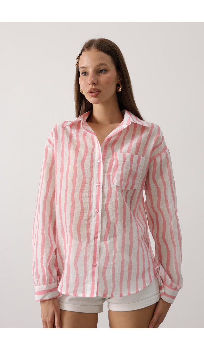 CİZGİLİ UZUN KOL MANGO GÖMLEK - Pembe STD