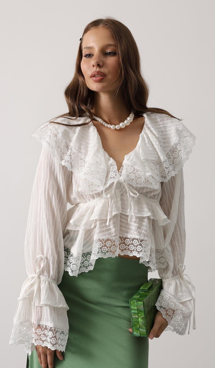 Dantelli Fırfırlı Bohem Bluz - Beyaz STD Dantelli Fırfırlı Bohem Bluz - Beyaz STD