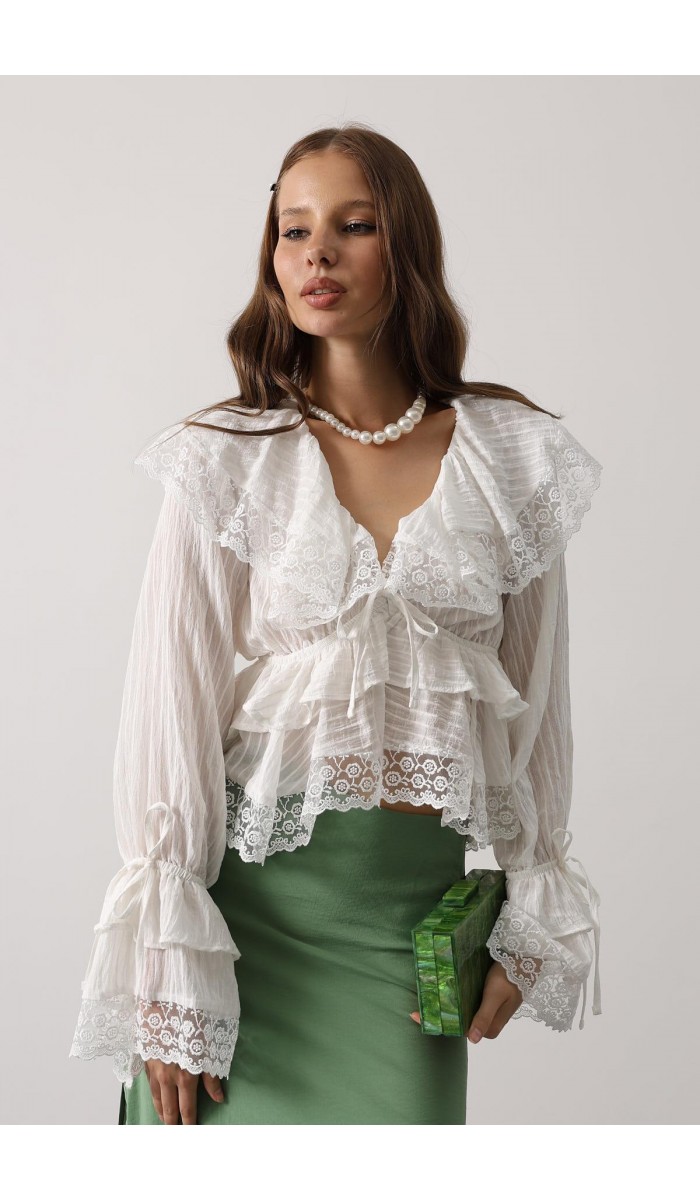 Dantelli Fırfırlı Bohem Bluz - Beyaz STD