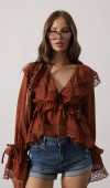 Dantelli Fırfırlı Bohem Bluz - Kahve STD rt20960