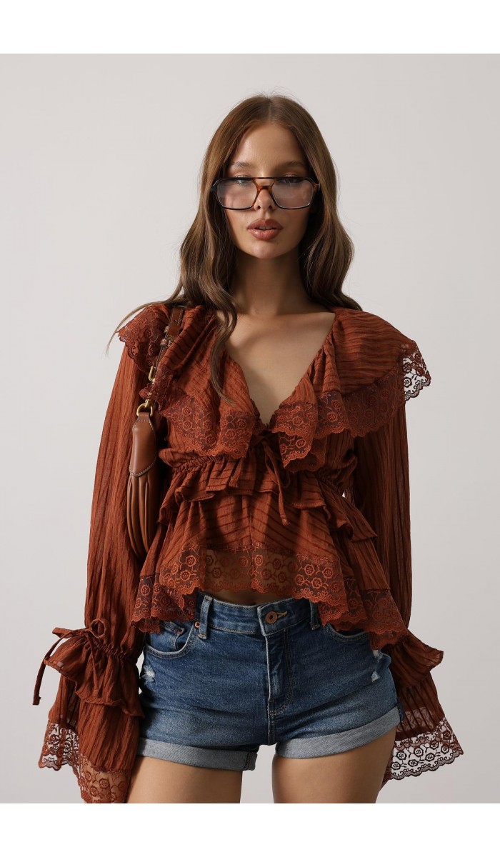 Dantelli Fırfırlı Bohem Bluz - Kahve STD