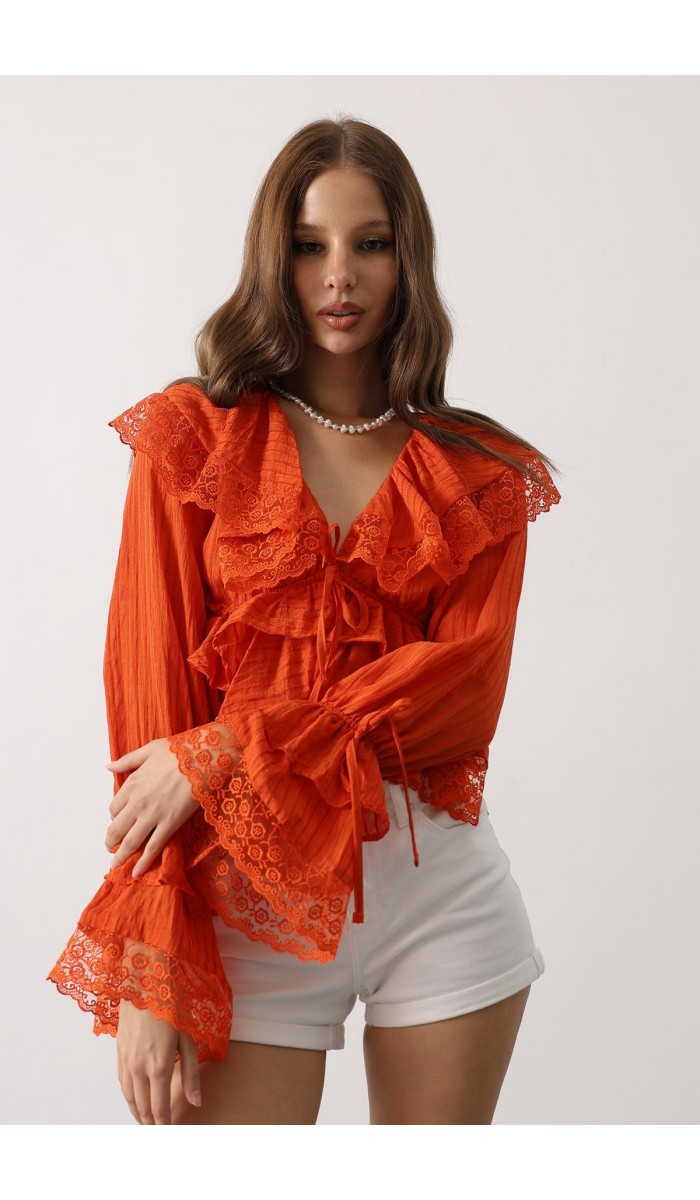 Dantelli Fırfırlı Bohem Bluz - Kırmızı STD