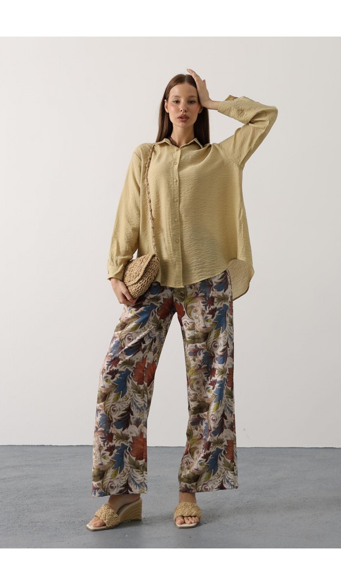 Desenli Pantolon Düz Gömlek Takım - Mavi-Yağ Yeşili STD