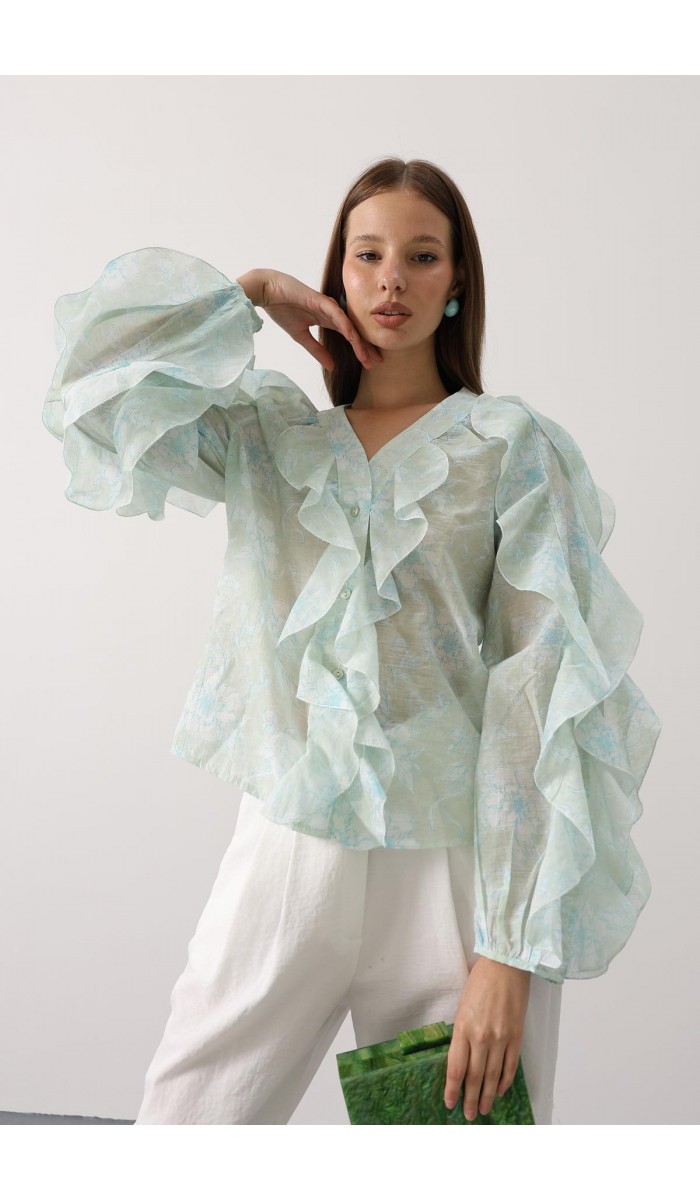 FIRFIRLI ÇICEK DESEN UZUN KOL BLUZ - Yeşil STD