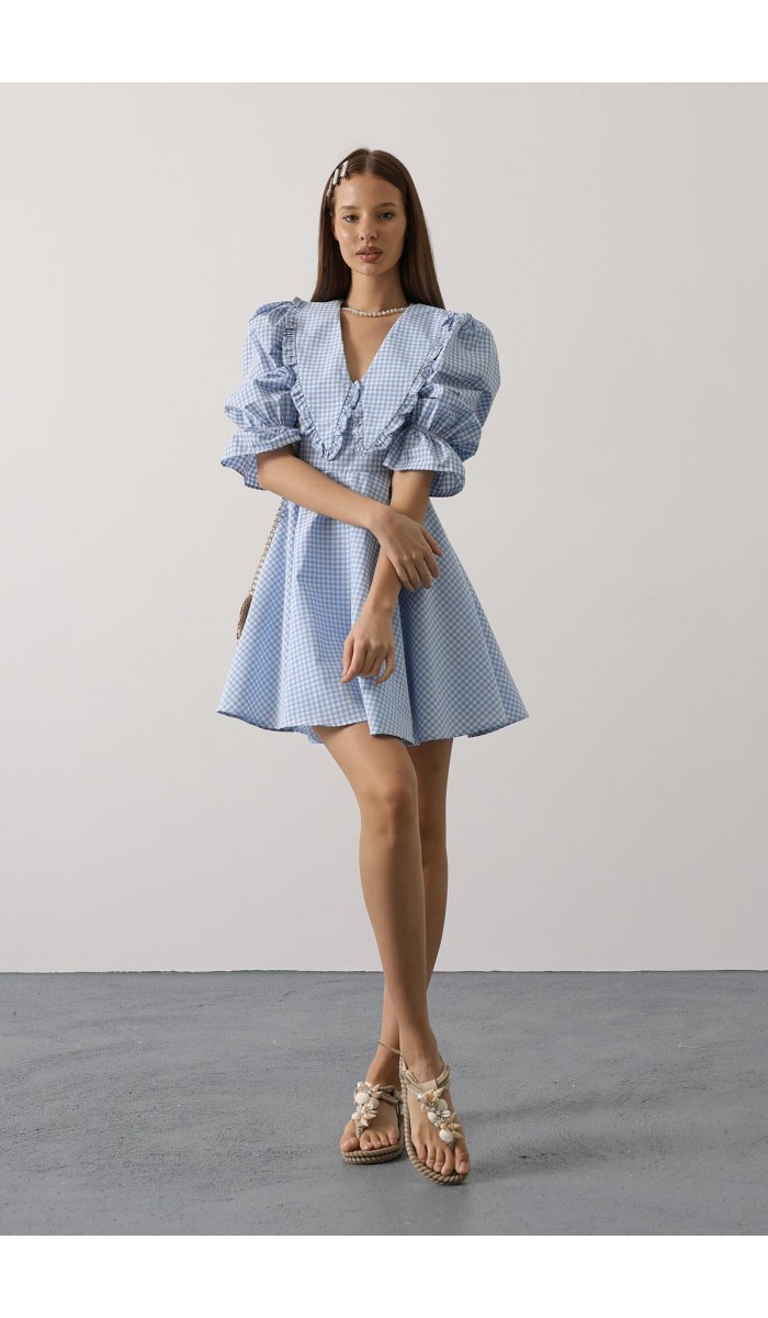 Kareli Bebe Yaka Elbise - Mavi STD