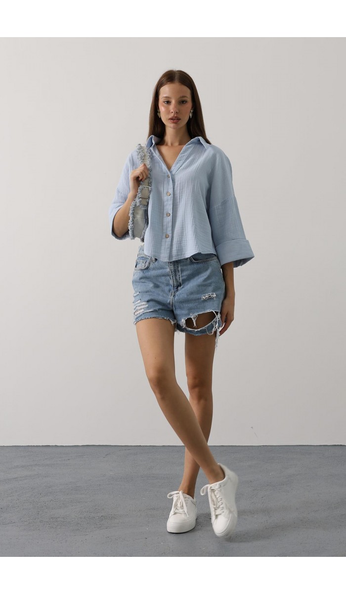 Kolları Duble Müslin Gömlek - Bebe Mavisi STD