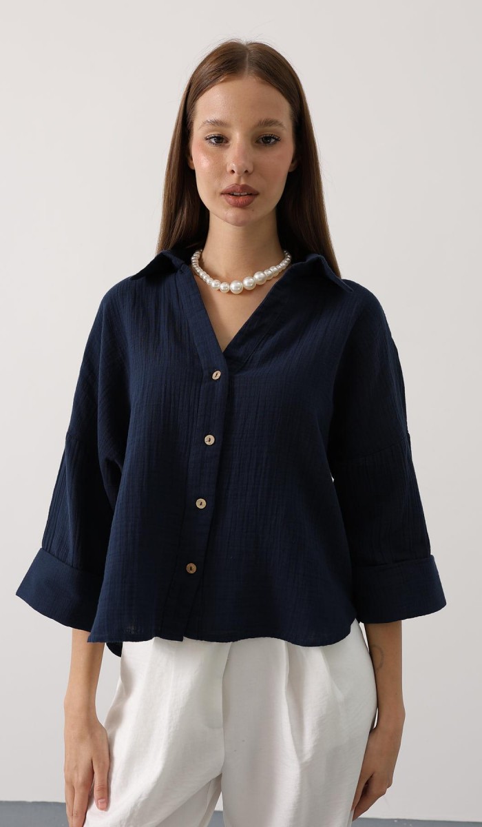 Kolları Duble Müslin Gömlek - Lacivert STD