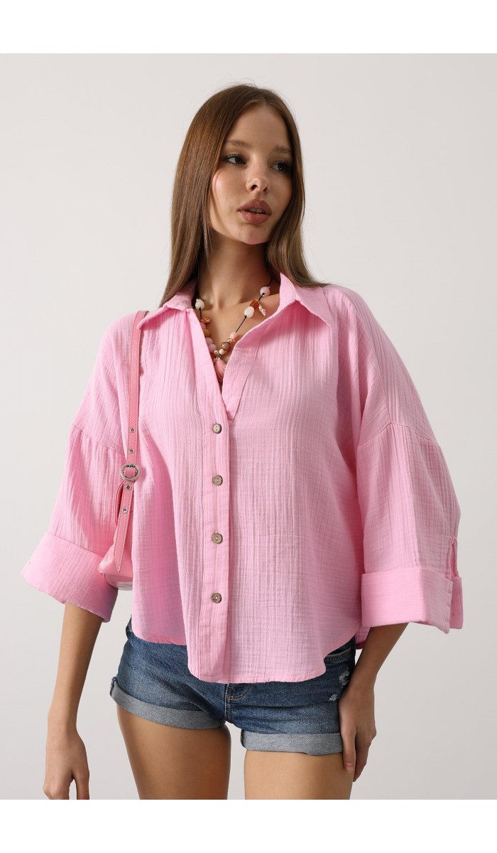 Kolları Duble Müslin Gömlek - Pembe STD