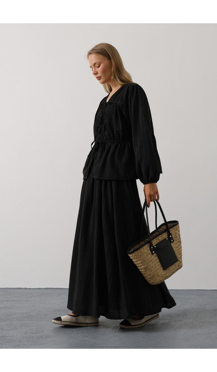 Önü Bağlamalı Etekli Takım - Siyah STD