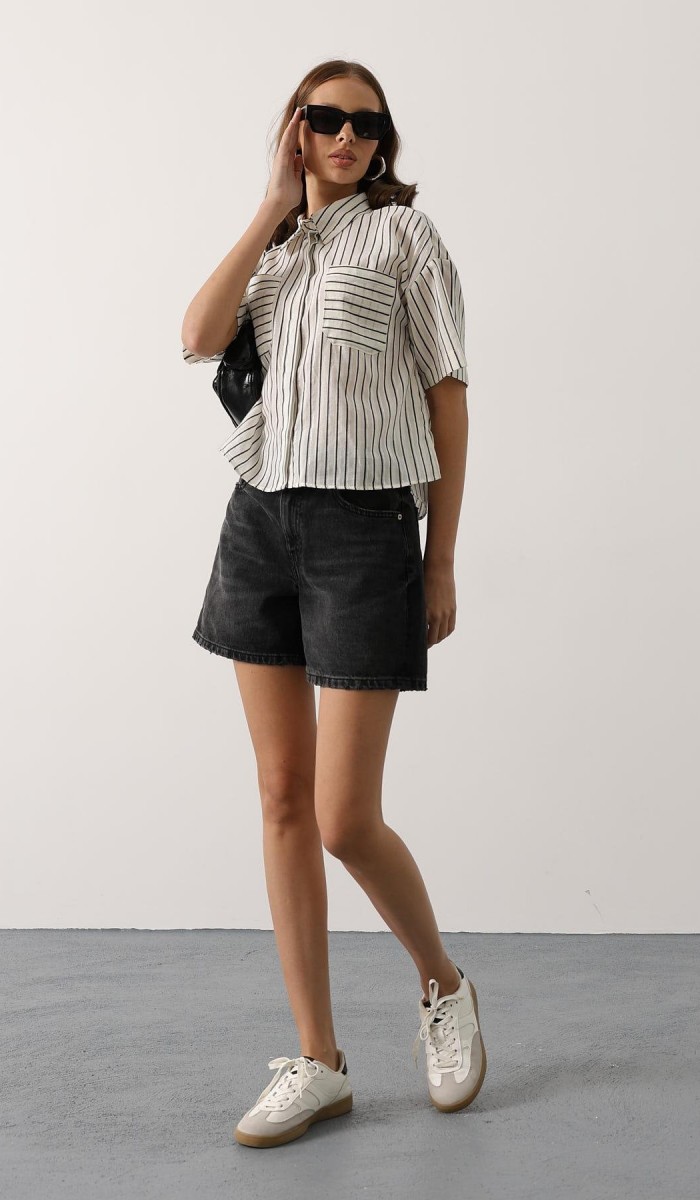 Simli Çizgili Kısa Kol Gömlek - Siyah STD