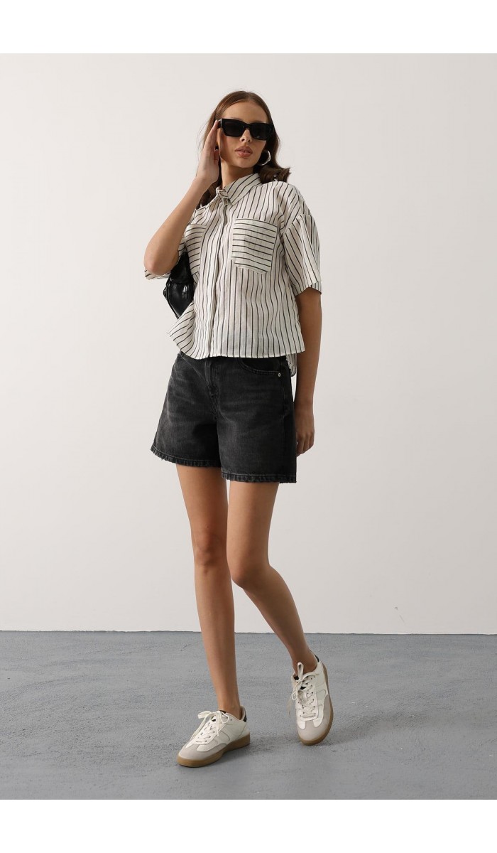 Simli Çizgili Kısa Kol Gömlek - Siyah STD