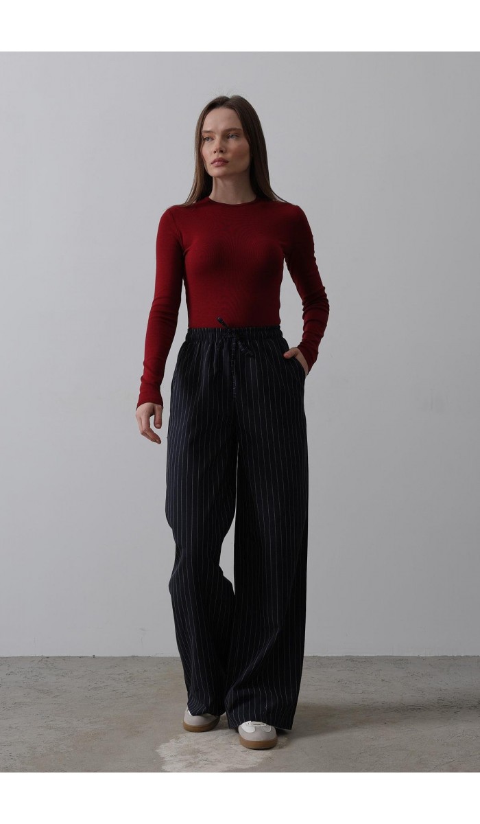 Beli Lastikli Bol Paça Pantolon - Lacivert-Beyaz STD