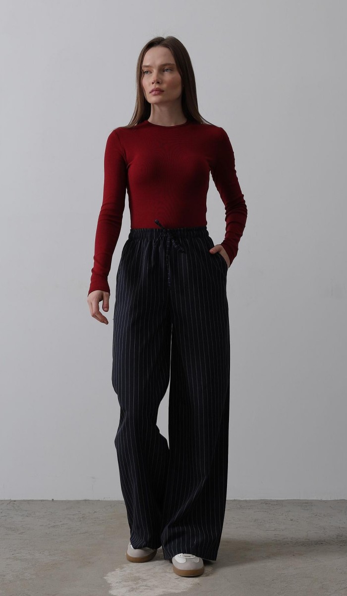 Beli Lastikli Bol Paça Pantolon - Lacivert-Beyaz STD