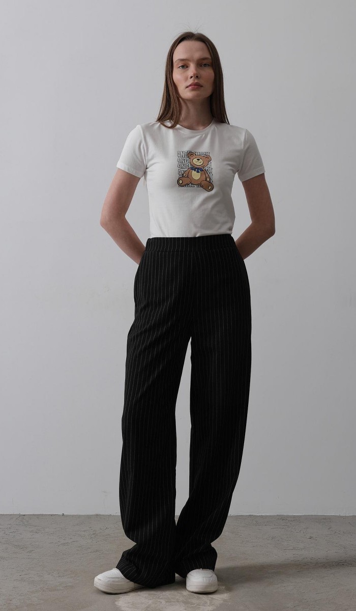 Beli Yarım Lastikli Palazzo Pantolon - Siyah-Beyaz STD