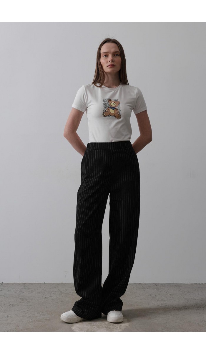 Beli Yarım Lastikli Palazzo Pantolon - Siyah-Beyaz STD