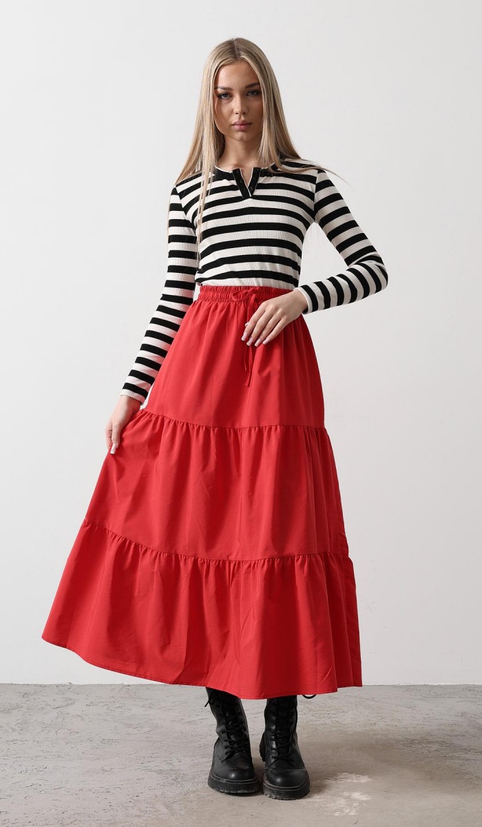 Pamuklu Beli Lastikli Etek - Kırmızı STD