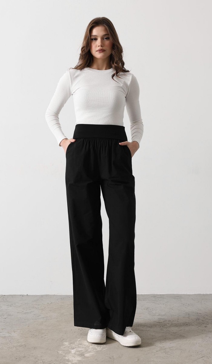 Katlanabilir Bel Pantolon - Siyah STD