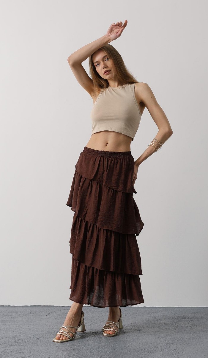 Katlı Kesim Uzun Etek - Kahve STD
