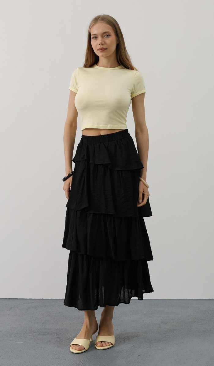 Katlı Kesim Uzun Etek - Siyah STD