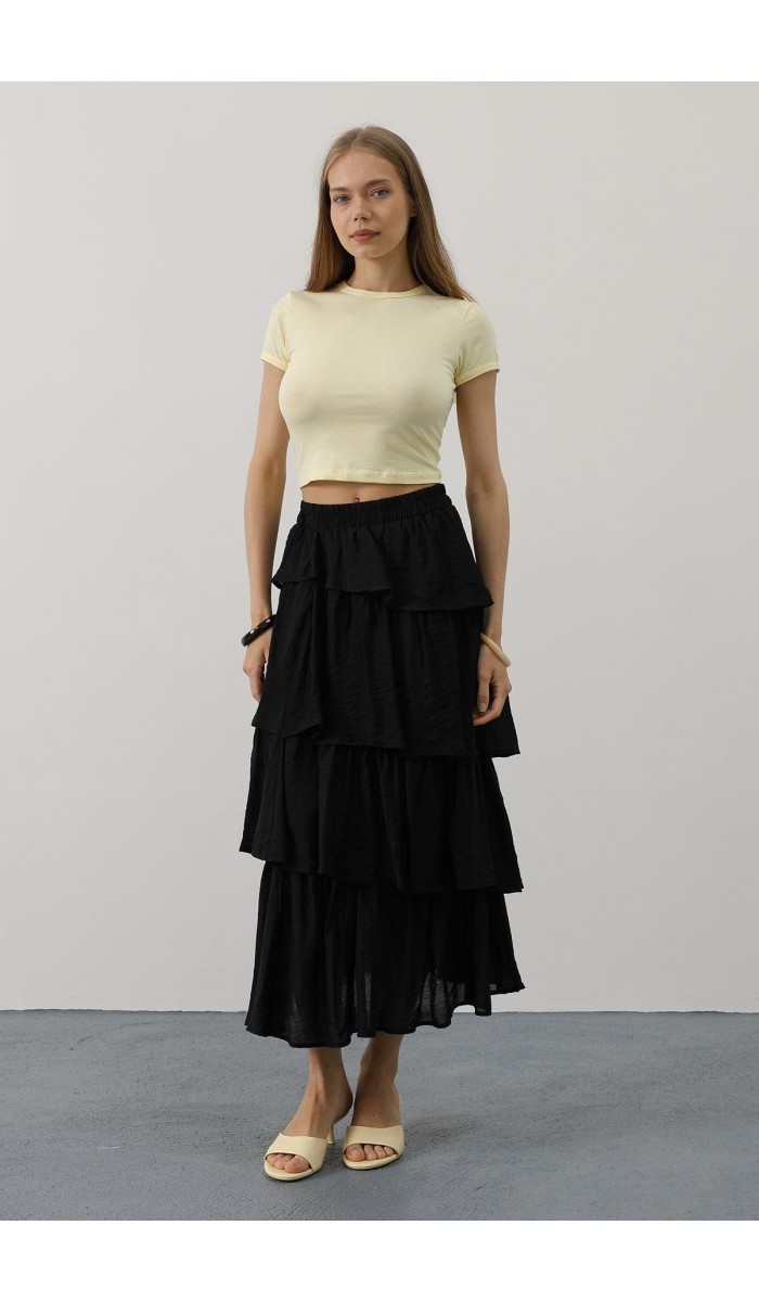 Katlı Kesim Uzun Etek - Siyah STD
