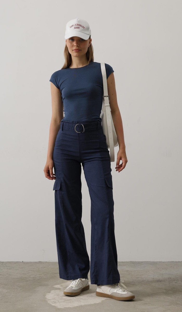 Kemerli Cargo Pantolon - İndigo STD