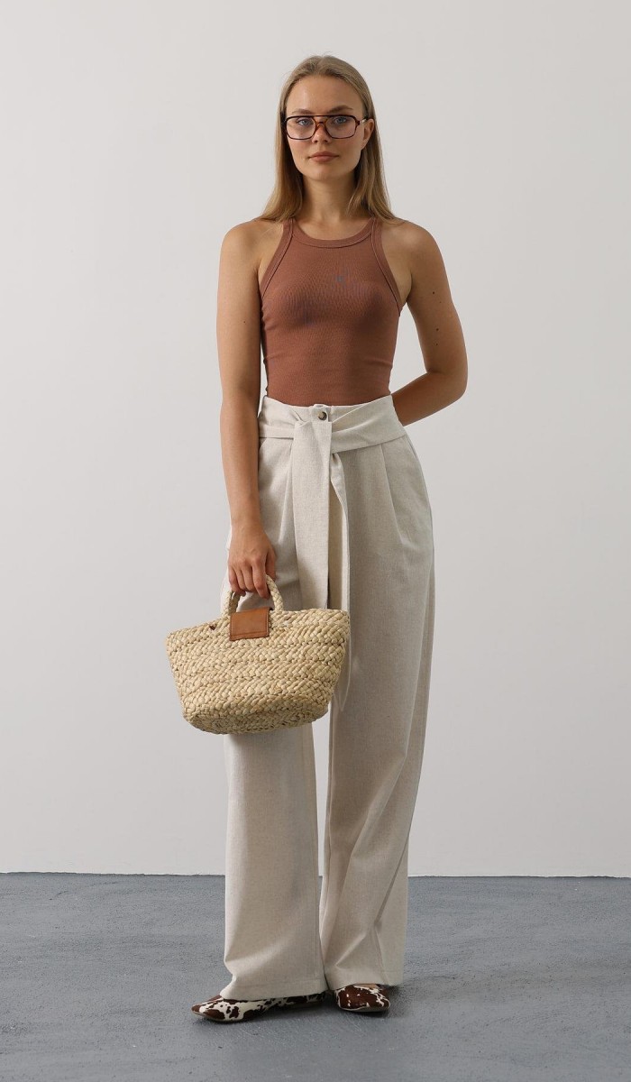 Kuşak Detaylı Palazzo Pantolon - Krem STD