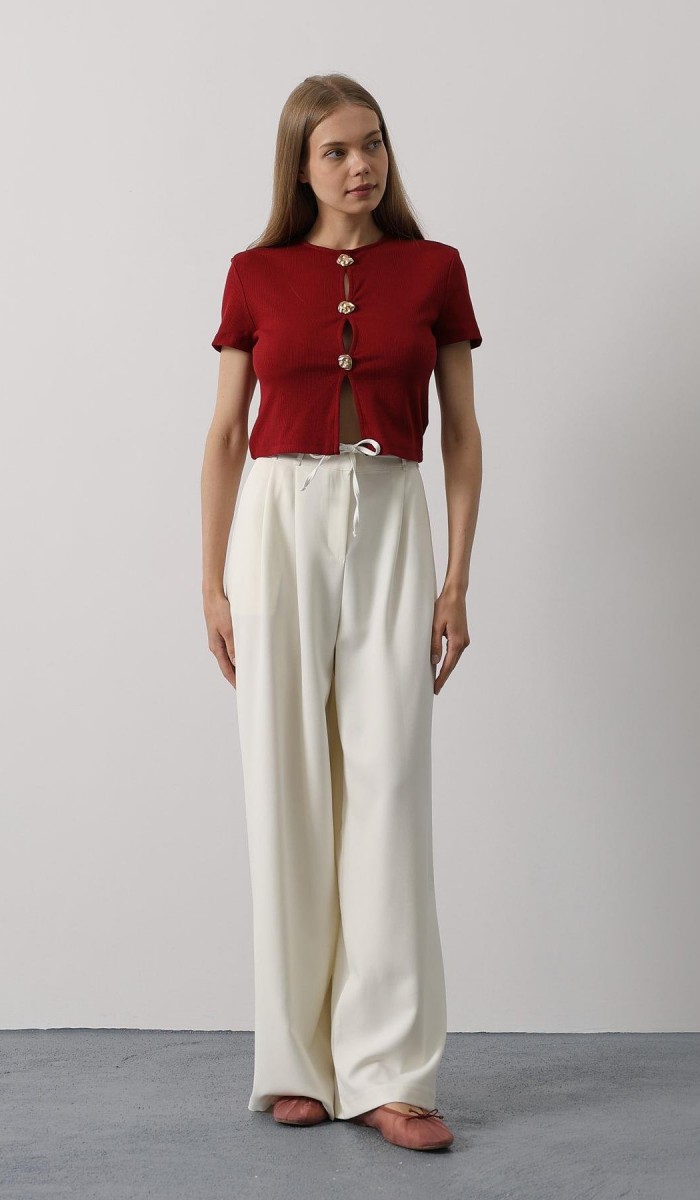 Pileli Bağcıklı Oversize Pantolon - Ekru STD