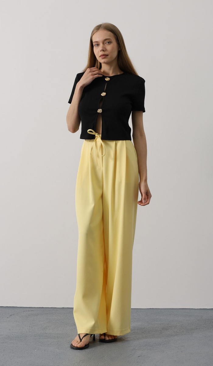 Pileli Bağcıklı Oversize Pantolon - Sarı STD