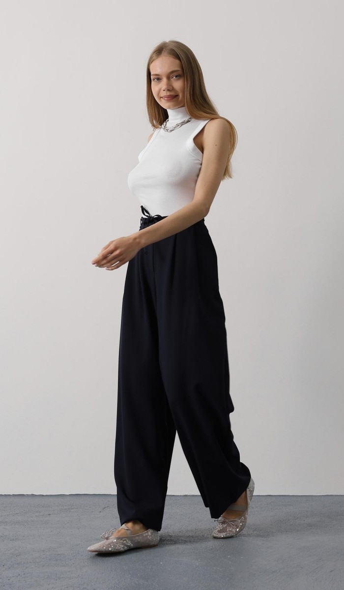 Pileli Bağcıklı Oversize Pantolon - Lacivert STD