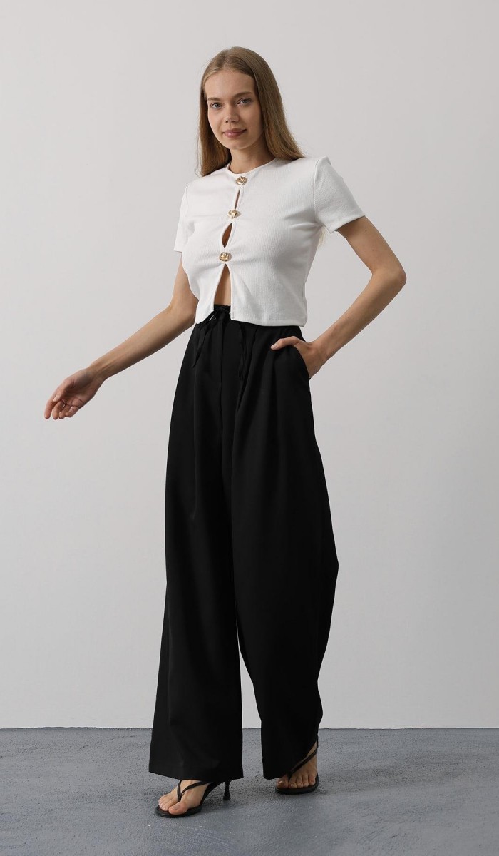 Pileli Bağcıklı Oversize Pantolon - Siyah STD