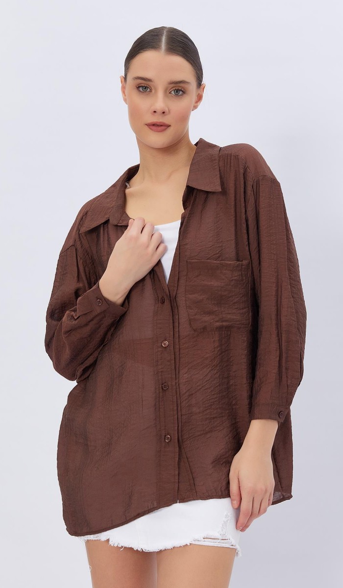 Cepli Oversize Gömlek - Kahve STD rt16699