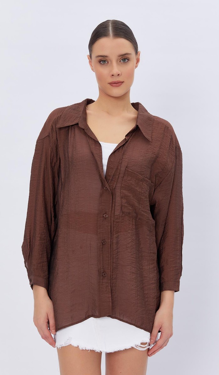 Cepli Oversize Gömlek - Kahve STD rt16699