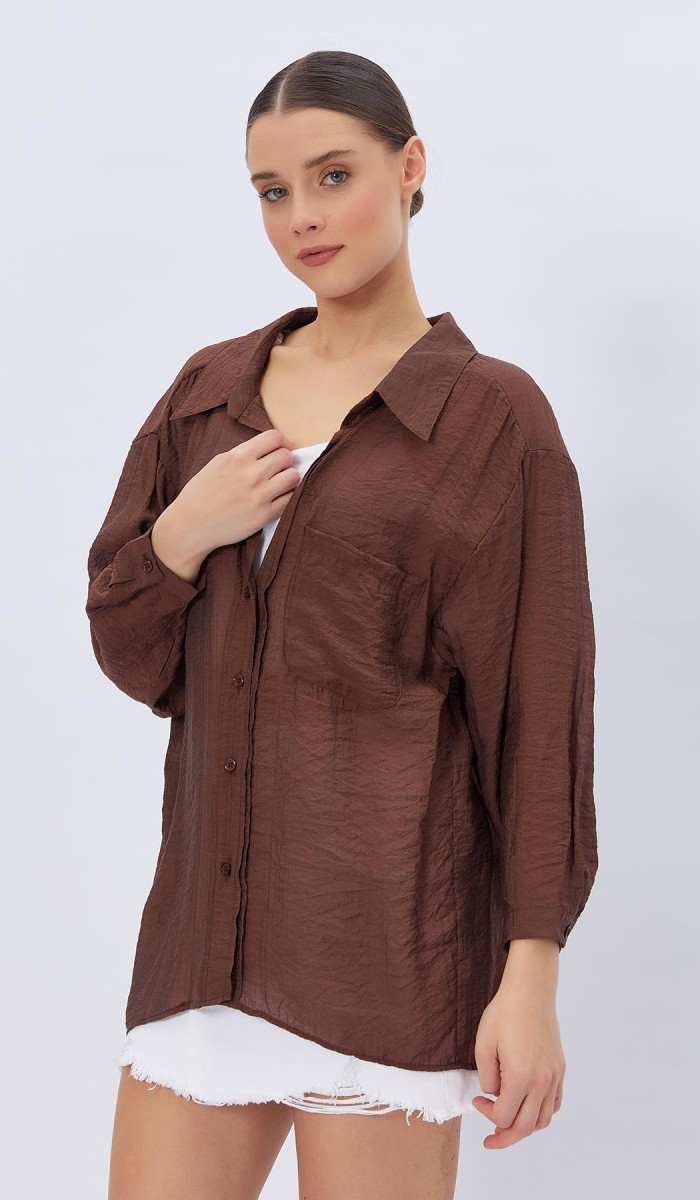 Cepli Oversize Gömlek - Kahve STD rt16699