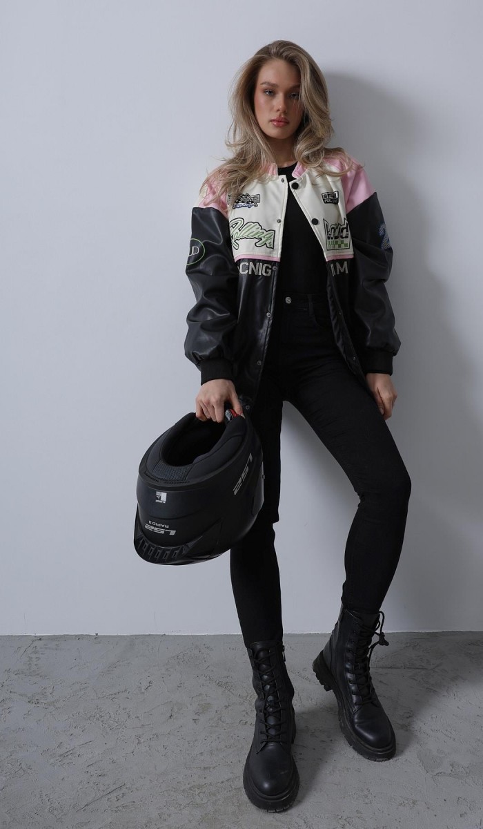 Motorcu Biker Ceket - Siyah-Pembe-Ekru STD