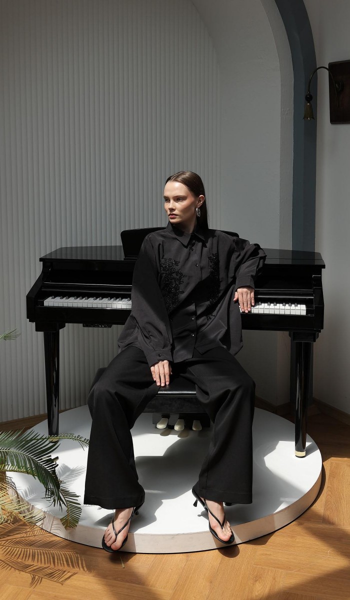 Boncuk Nakış Detaylı uzun Gömlek - Siyah STD