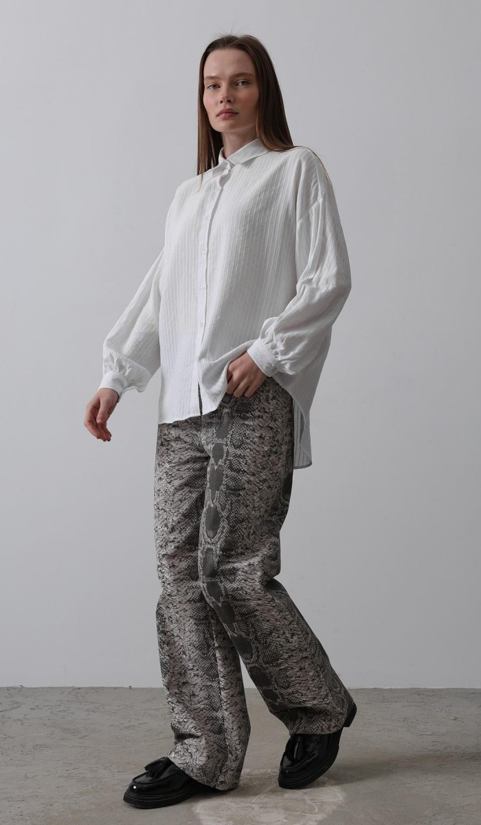 Çizgili Uzun Kol Gömlek - Beyaz STD