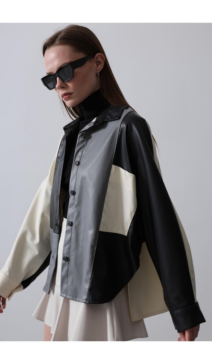 Parçalı Deri Gömlek - Ekru-Siyah-Gri STD