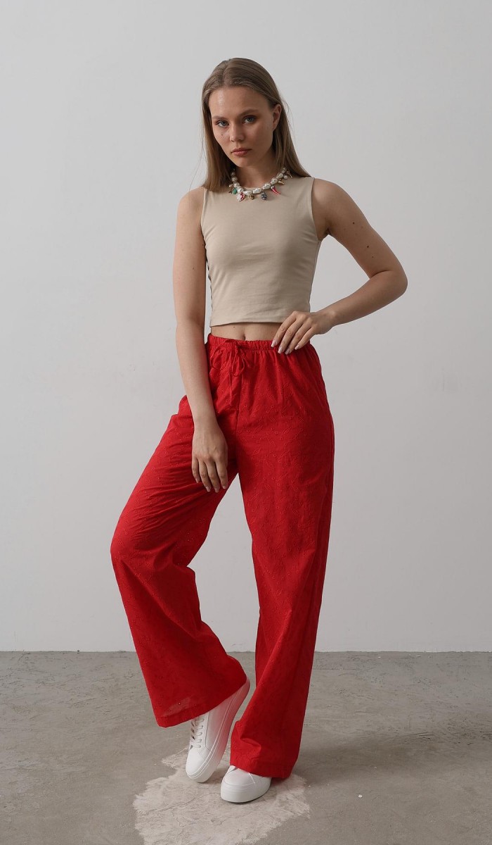 Beli Bağlamalı Brode Pantolon - Kırmızı STD Beli Bağlamalı Brode Pantolon - Kırmızı STD