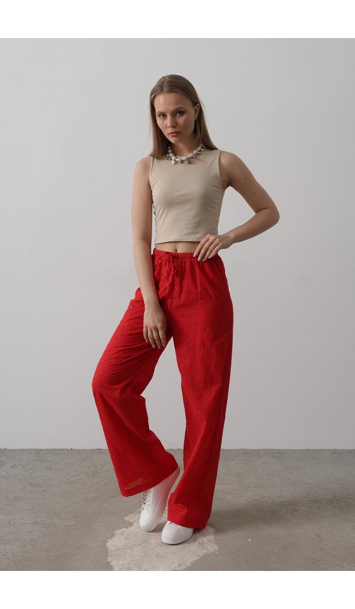 Beli Bağlamalı Brode Pantolon - Kırmızı STD