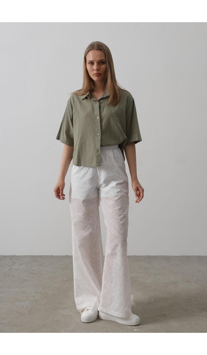 Beli Bağlamalı Brode Pantolon - Beyaz STD