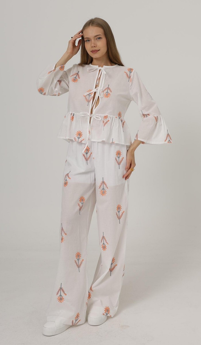İşlemeli Oversize Pantolon - Beyaz STD rt20050